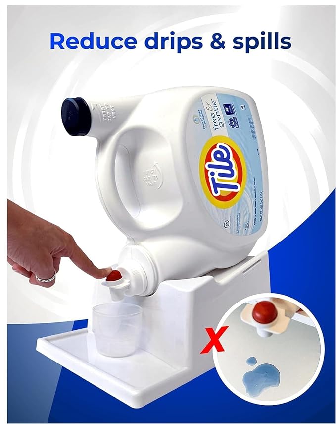 Skywin TidyFriend Liquid Laundry Detergent Holder Stand with Strap, Drip Tray & Rubber Feet, Stand for Laundry Room Organization and Storage, Fabric Softener Dispenser Holder for Easy Pouring (White)