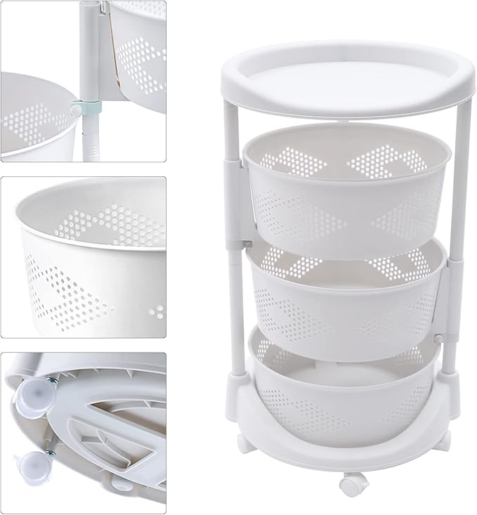 Kitchen Storage Cart 3 Tier Multi-Layer Storage Basket with Wheels Fruit Vegetable Storage Shelves Racks Rolling Storage Cart for Kitchen Living Room Bedroom, White (3 Tier)