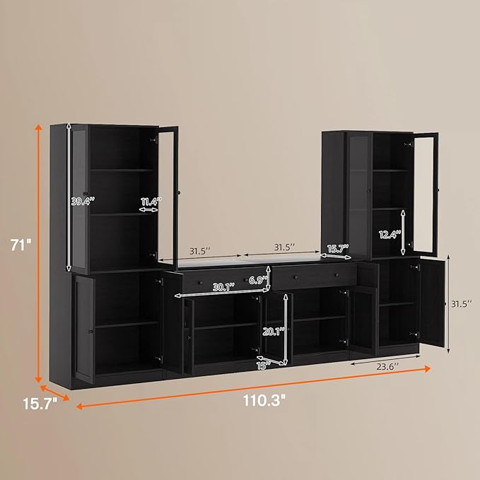 TUSY 71" TV Stand Storage Set - 2 Tall Bookcases & 2 Side Cabinets, Media Console with Glass & Wood Doors, Entertainment Center with Drawers, Tall Media Console for Living Room (Black, AFFA)