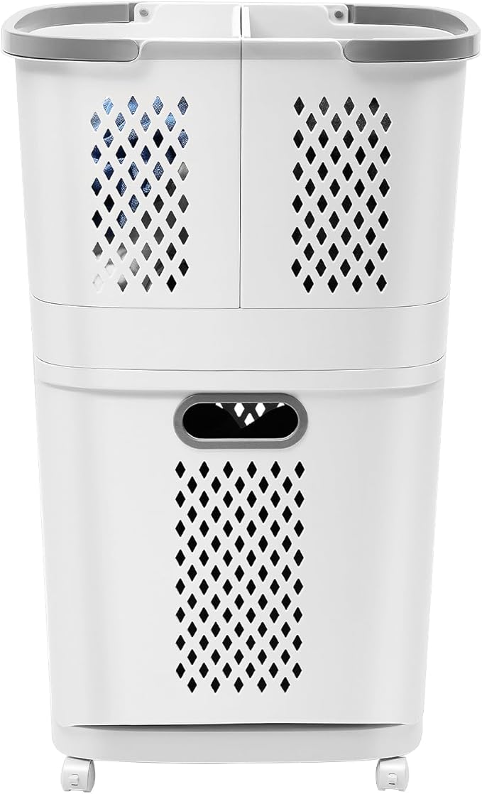 2-Tier Rolling Laundry Hamper Sorter, Removable Vertical Rolling Laundry Basket with Wheels Laundry Basket Organizer Stackable Laundry Cart Organizer and Storage for Small Space Dorm Closet