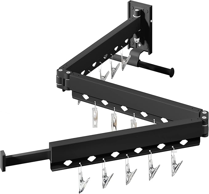HEILAIYI Wall Mounted Clothes Hanger,Clothes Drying Rack,Laundry Drying Rack,Clothes Rack,Laundry Rack Wall Mount,Retractable Collapsible Drying Rack Clothing (Windproof Holes,with Clips),Black