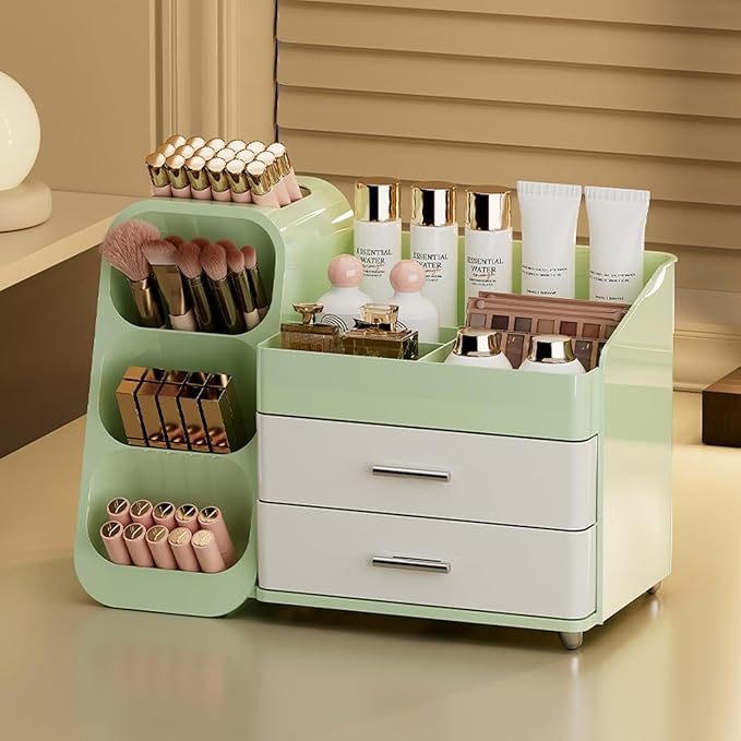 Booklov Makeup Organizer for Vanity, Large Capacity Cosmetic Display Case with Drawers, Countertop Beauty Storage Holder for Skincare, Brush Eyeliner Eyeshadow Lipsticks, Counter Desk, Cream Green
