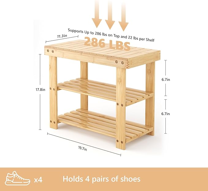 Sweetcrispy Shoe Rack Bench, 3-Tier Bamboo Entryway Storage Organizer, 286lb Capacity, Shoes Stand for FrontDoor Entrance, Bedroom, Living Room, Bathroom, Balcony, 19 Inches Length, Wood