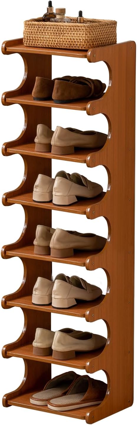 Tall Narrow Solid Wood Shoe Rack, 8 Tier Vertical Wooden Shoe Storage Tower, Freestanding Corner Multi-Layer Organizer for Entryway(12.6" L x 9.84" W x 44.1" H)