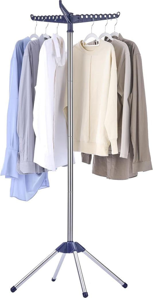 CASAMAYA Clothes Drying Rack Foldable, 59 inch Tripod Laundry Drying Rack Indoor with Rotating Clothes Rail for 27 Pieces of Clothes, Space Saving, Blue and Silver CDR001Q01