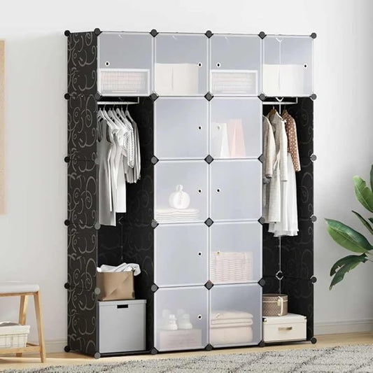 Modular Storage Cabinet Black and White Plastic Large 14 Compartments for Clothes Shoes and General Items with Durable Synthetic Plastic and Chrome Steel Construction