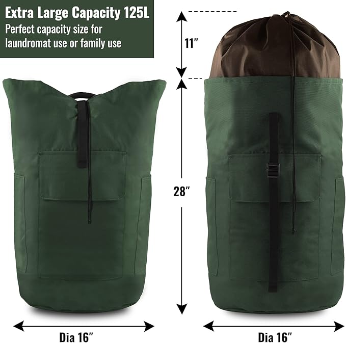 Laundry Backpack Bag 125L Extra Large, Heavy Duty for College Dorm & Apartment, Durable Thick Material Laundry Hamper with Padded Straps for Easy Carry, 3 Pockets for Travel & Laundromat (Army Green)