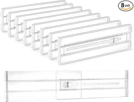 8 Pack Clear Drawer Dividers for Clothes, 4" High 10.6"–16.9" Adjustable Expandable Dresser Drawer Organizer, Dresser Separators for Baby Clothing, Underwear, Sock, Cosmetic, Kitchen, Office Storage
