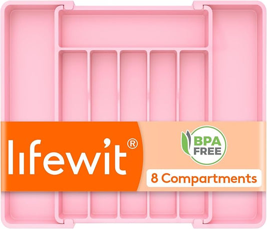 Lifewit Silverware Drawer Organizer, Expandable Utensil Tray for Kitchen, BPA Free Flatware and Cutlery Holder, Adjustable Plastic Storage for Spoons Forks Knives, 10.9"-17.5" x 13.7", Pink