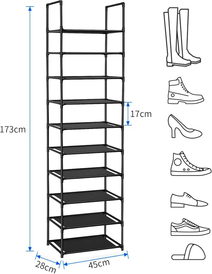 10-Tier Shoe Rack,Space Saving Shoe Storage Tall Shoe Rack Organiser Shelf Non-Woven Fabric Shoe Tower for Closet Entryway Hallway Quick Assembly No Tools Required