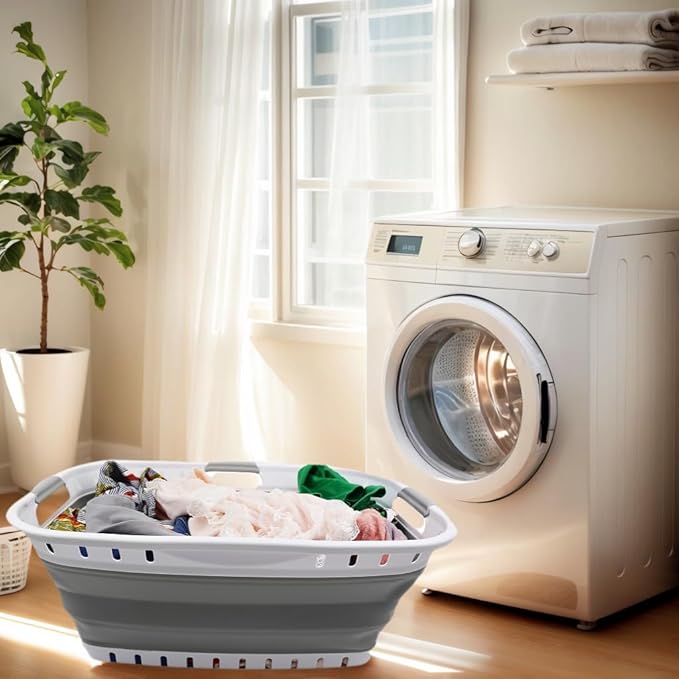 SAMMART 44L Collapsible Plastic Laundry Basket - Foldable Pop Up Storage Container/Organizer - Portable Hamper - Space Saving (1, White/Grey), Size: 25.4 x 17.3 x 10.2 inches