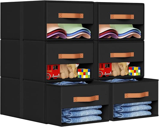 DIMJ Closet Organizers and Storage - Fabric Bins with Drawers for Closet Foldable Clothes Organizers with Clear Window, Stackable Storage Drawers Units for Bedroom, Living Room, Medium 6-Pack, Black