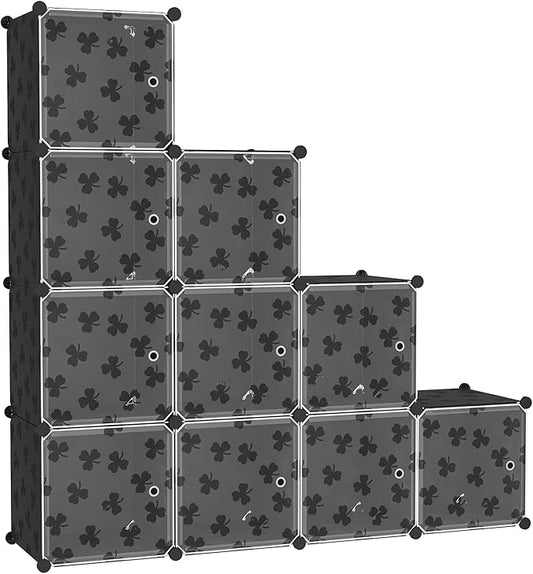 C&AHOME Cube Storage Organizer with Doors, 10-Cube Shelves, DIY Plastic Modular Bookshelf, Closet Clothes Storage Shelving Ideal for Bedroom, Living Room, Clover Embossed, Black