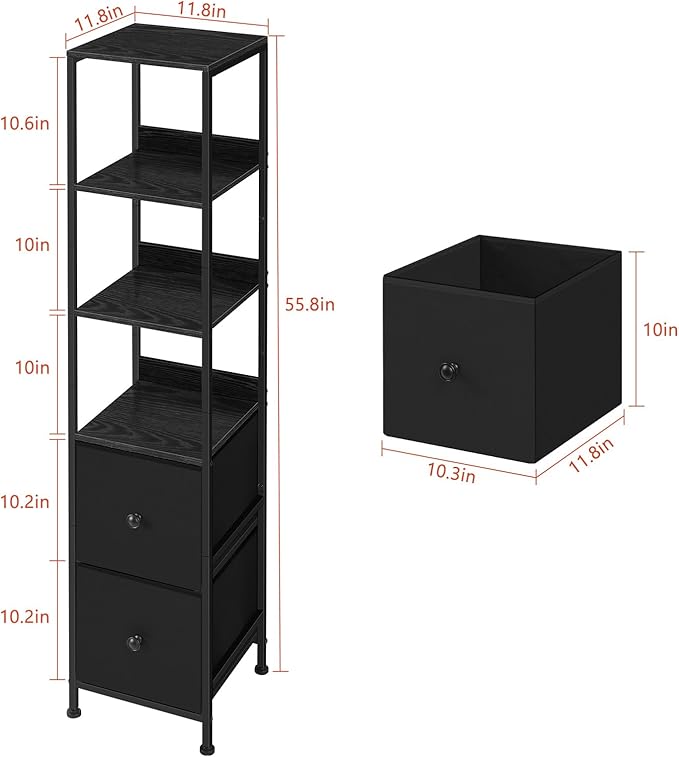 Tall Bathroom Storage Cabinet Slim Bathroom Floor Cabinet Narrow Freestanding Floor Cabinet with 2 Drawer, for Small Space, Living Room, Home Office, Black, 11.8" D x 11.8" W x 55.8" H