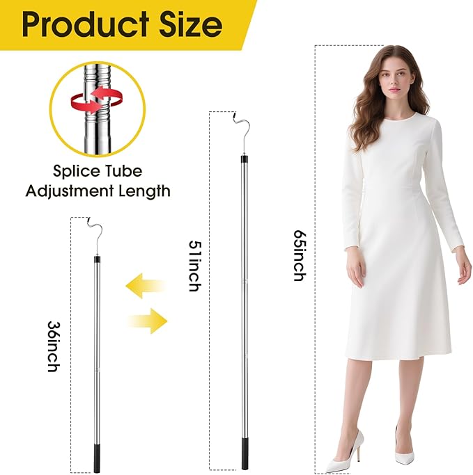 Clothes Hook Pole, Extendable from 35" to 50" Stainless Steel Closet Pole Reacher with S-Shaped Hook for Hanging Clothes, Plants, Lights