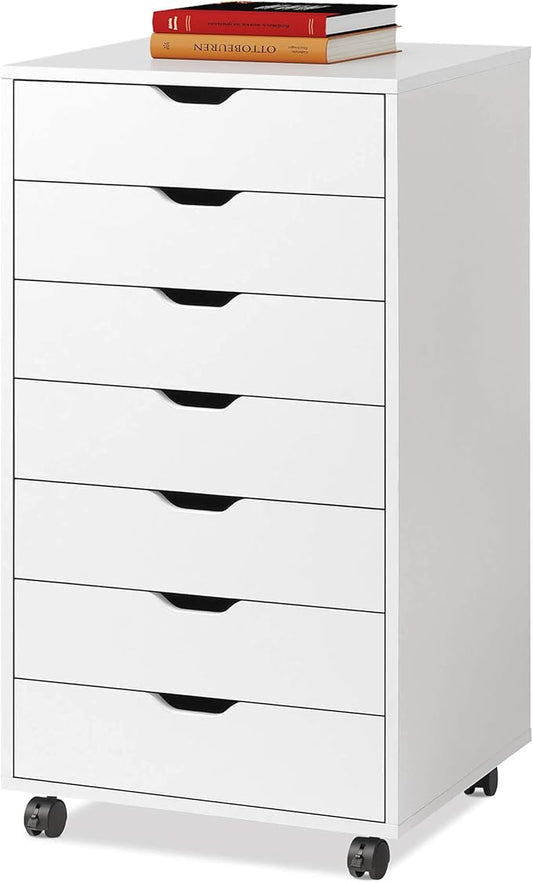 DEVAISE 7-Drawer Office Cabinets, Wood Storage Drawer File Cabinet with Wheels, White