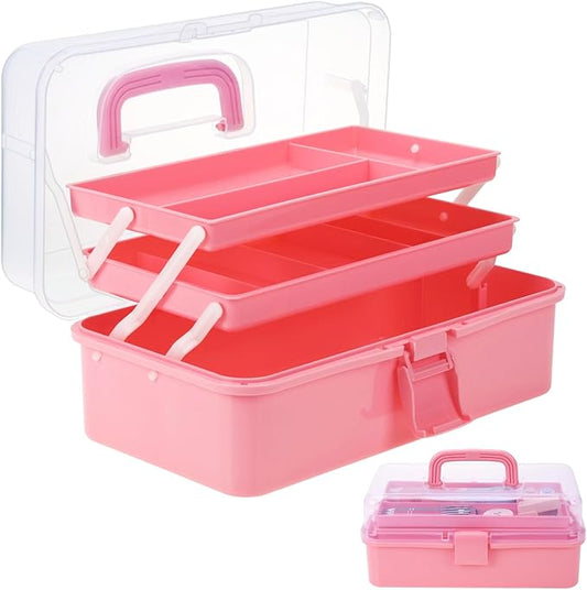 Pink Tackle Box, Craft Organizers and Storage 3-Layer Portable Folding Toolbox, Plastic Tool Box with Handle for Sewing Medicine Art Supplies, Nails and Hair Accessories 12.5inch