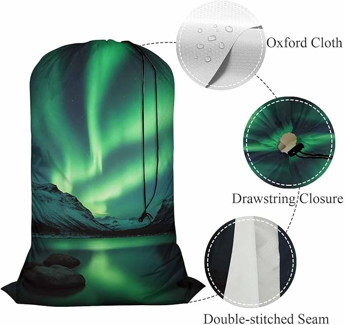 Swono Aurora Travel Laundry Bag, Northern Lights Above Coast Galaxy Sky Coast Machine Washable Dirty Clothes Organizer, Large Enough to Hold 4 Loads of Laundry, Easy Fit a Laundry Hamper or Basket