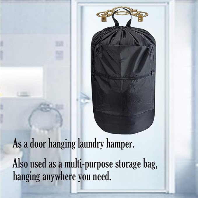Washable Laundry Bag Backpack with Zipper Pocket, Heavy Duty Clothes Bag, 2 Strong Adjustable Shoulder Straps with Drawstring Closure for Travel, Camping or College, Black