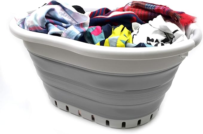 SAMMART 36L (9.5 gallon) Collapsible 3 Handled Plastic Laundry Basket-Foldable Pop Up Storage Container/Organizer-Space Saving Basket (3 handled Oval, Grey/Grey)