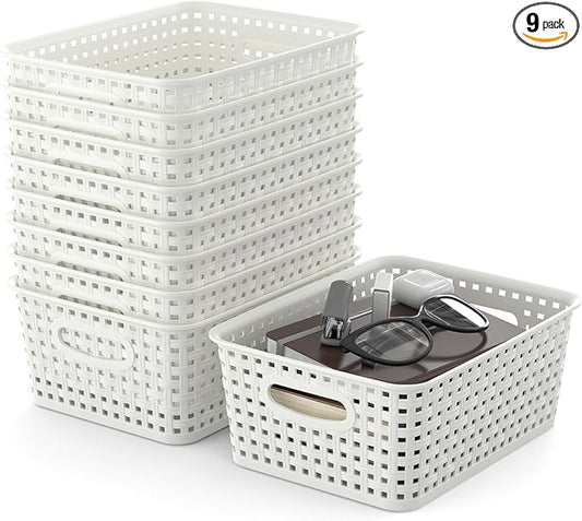 9-Packs Plastic Storage Woven Storage Baskets, Plastic Baskets with Handles, Baskets for Home and Office Organizing, White.