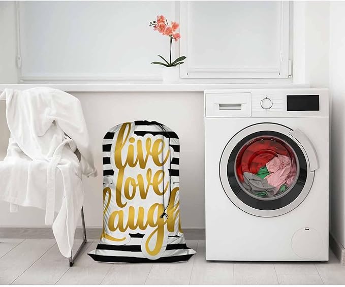 Swono Funny Quote XL Laundry Bags, Drawstring Closure Dirty Clothes Bag Organizer, Heavy Duty Large Laundry Bag, Gold Lettering Live Love Laugh Rip-Stop Bags for Camp Travel, 28" x 40"
