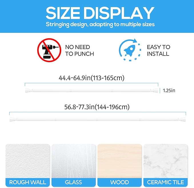 1 Pack Spring Tension Rods 45-77 Inches, 7/8 Inch Diameter White No Drill Spring Loaded Adjustable Extendable, Small Short Tension Curtain Rod for Windows Kitchen Doorway Closet Cupboard
