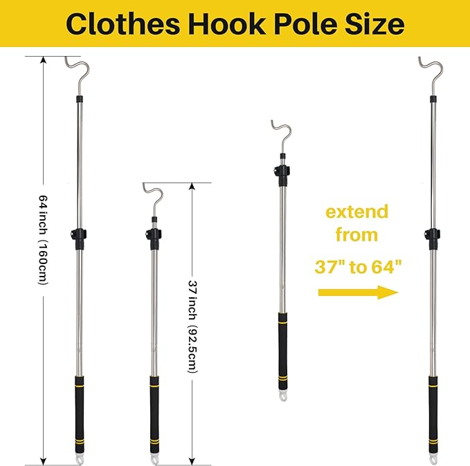 Clothes Hook Pole Heavy Duty, 36" to 65" Long Research Pole with Hook Sponge Long Handle Telescoping Pole Stainless Steel Tube S Hook Closet for Reaching Extending Rod Hang High Area Top