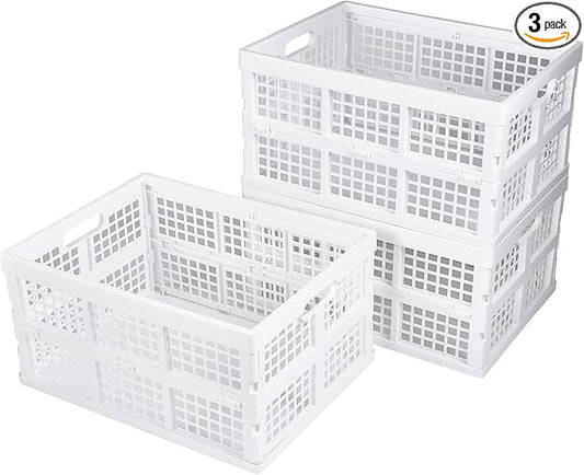 Aebeky 3-Pack Plastic Collapsible Storage Crates-30L,Foldable Plastic Crates for Storage (White)