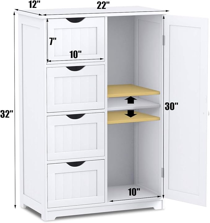 Giantex Bathroom Storage Cabinet with Drawers - 4 Drawer Storage Organizer w/Cupboard, Adjustable Shelf, Anti-Toppling Device, Entryway Storage Unit Console Table, Bathroom Floor Cabinet (White)