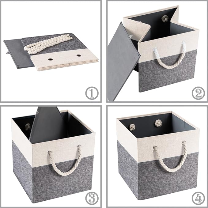 PRANDOM Large Foldable Cube Storage Bins 11x11 inch [4-Pack] Fabric Linen Storage Baskets Cubes Drawer with Cotton Handles Organizer for Shelves Nursery Closet Bedroom White and Grey