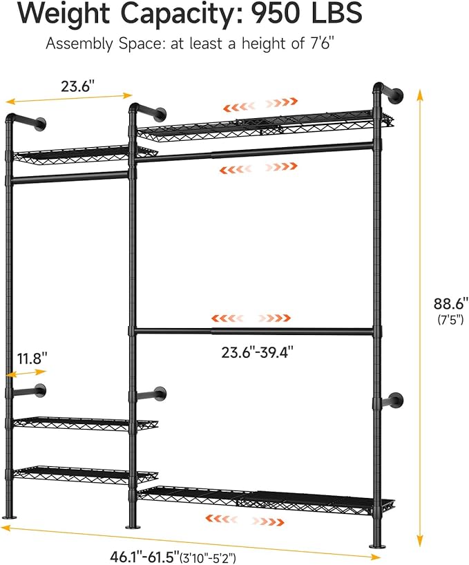 ONBRILL H2 Plus Expandable Wall Mounted Closet System, 3.8FT-5.1FT Closet Organizer with Telescopic Shelves & Adjustable Rods, Industrial Pipe Clothing Rack for Walk-in & Reach-in Closet (Black)