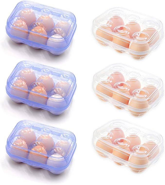 YOHA Clear Egg Storage Box Delicate 6 Girds Egg Dispenser Holder Case Refrigerator Crisper Camping Picnic Travel Portable Egg Carriage,Blue+Clear 6pcs Set
