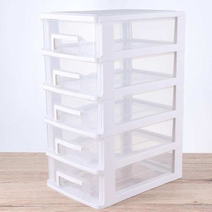 SAFIGLE Storage Drawer Organizer, 5 Drawer Plastic Storage Bins with Transparent Drawers, Vertical Design for Crafts, Stationary, Hardware, White, Polypropylene