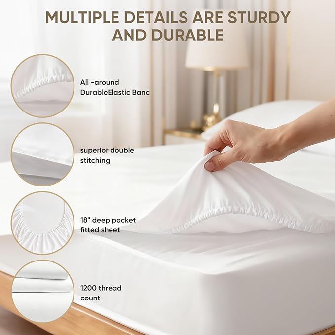 TWK 1200 Thread Count 100% Egyptian Cotton Sheets Bed Set,Thickness,Long-Lasting Durability,Resists Pilling,Deep Pocket Up to 18",with a Laundry Bag (White, Full)