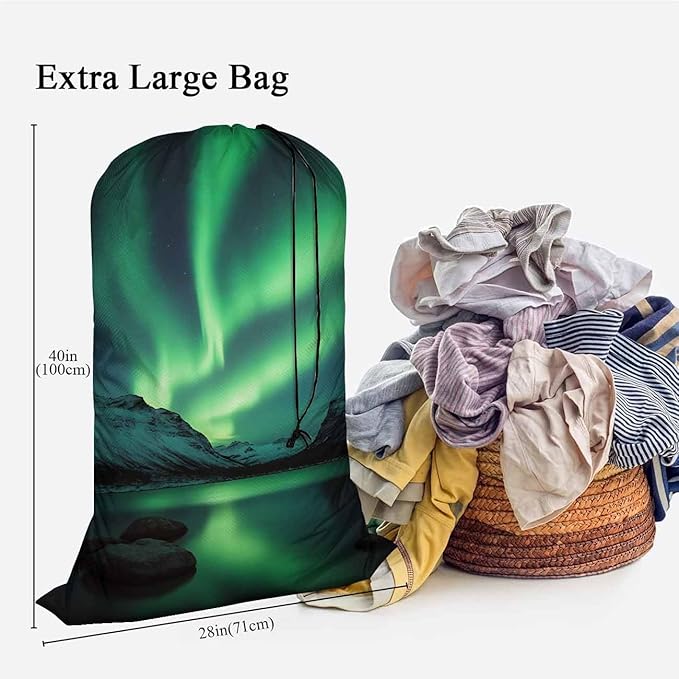 Swono Aurora Travel Laundry Bag, Northern Lights Above Coast Galaxy Sky Coast Machine Washable Dirty Clothes Organizer, Large Enough to Hold 4 Loads of Laundry, Easy Fit a Laundry Hamper or Basket