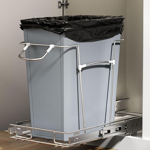 Pull Out Trash Can for Kitchen Cabinets, 35 Qt Under Sink Garbage Bin with Full Extension Slides, Fits 13" W x 18" D Opening Cabinets, Heavy-Duty Steel Organizer, Silvery (Trash Can Not Included)