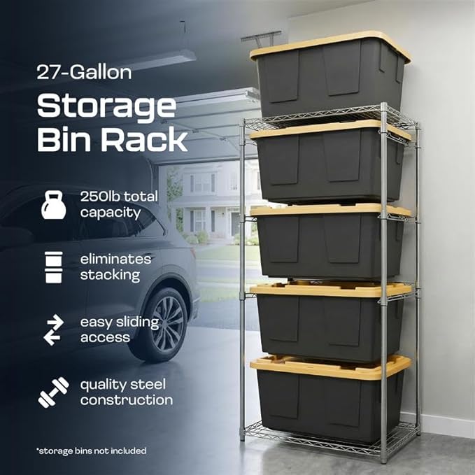 MonsterRAX 5-Tier Side-Load Heavy Duty Garage Slide Bin Storage Rack for 27-Gallon Totes. Industrial metal organization, 250lb capacity, NSF Certified. (Bins not included) (Black) (Silver)