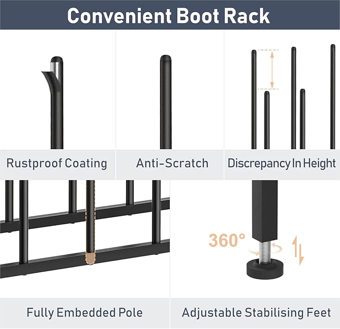 DIMJ Boot Rack 4-Tier - Black Metal Boot Storage Rack for Tall Boots Organizer Tall Boots, Multiuse Shoe Rack for Boots, Sneakers, High-Heel, Entryway, Fits 6 Pairs