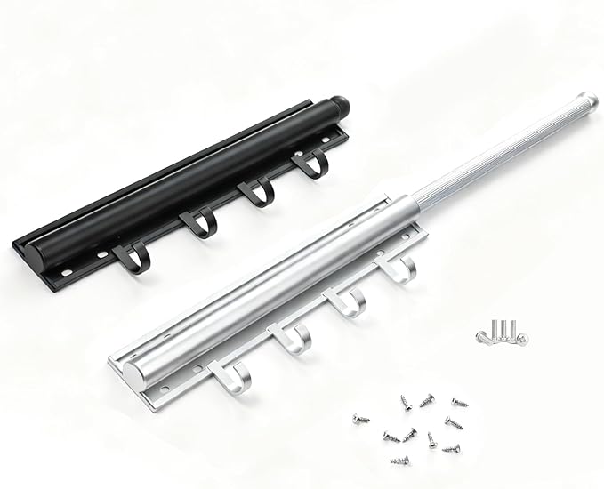 12 in Valet Rod for Closet Pull Out – Closet Valet Rod Slide Out, Heavy Duty with 4 Hooks, for Hanging Clothes/Hats/Belts & Closet/Laundry Room Organization – Black