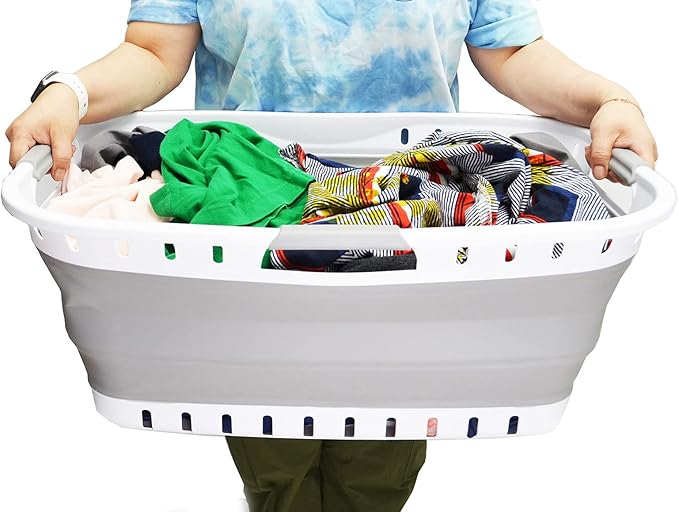 SAMMART 44L Collapsible Plastic Laundry Basket - Foldable Pop Up Storage Container/Organizer - Portable Hamper - Space Saving (1, White/Grey), Size: 25.4 x 17.3 x 10.2 inches
