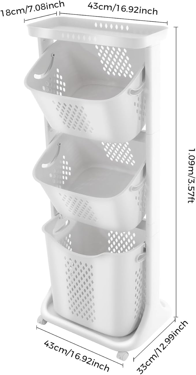 3 Tier Rolling Laundry Basket Vertical laundry hamper Sorter Cart with Wheels and Breaks Bathrooms Clothes Hamper 3 Section laundry organizer for Kitchens, Bedrooms, Laundry Rooms