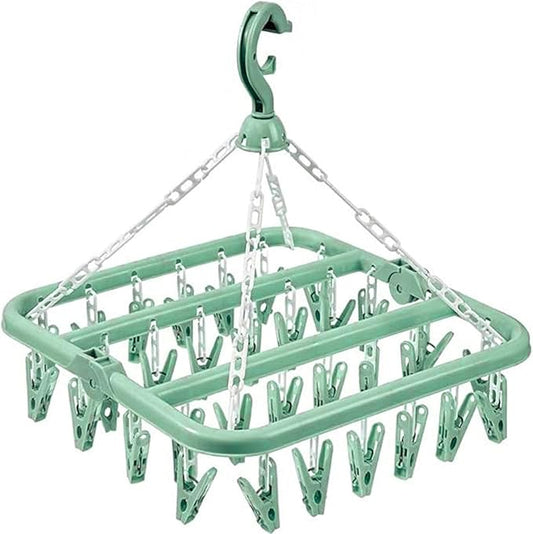 Clothes Drying Hanger with 32 Clips and Drip Foldable Hanging Rack (Light Green)