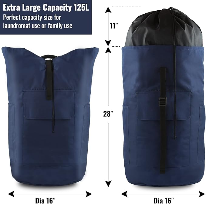 Laundry Backpack Bag 125L Extra Large, Heavy Duty for College Dorm & Apartment, Durable Thick Material Laundry Hamper with Padded Straps for Easy Carry, 3 Pockets for Travel & Laundromat (Dark Blue)
