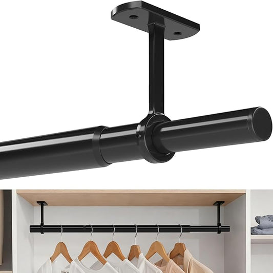 Closet Rods for Hanging Clothes Ceiling or Wall Mounted, 17-95 Inch Closet Rod Heavy-Duty Stepless Telescopic Clothes Hanging Rod for Closet Kitchen Laundry Room Living Room Balcony (Black)