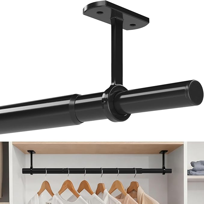 Closet Rods for Hanging Clothes Ceiling or Wall Mounted, 17-63 Inch Closet Rod Heavy-Duty Stepless Telescopic Clothes Hanging Rod for Closet Kitchen Laundry Room Living Room Balcony (Black)