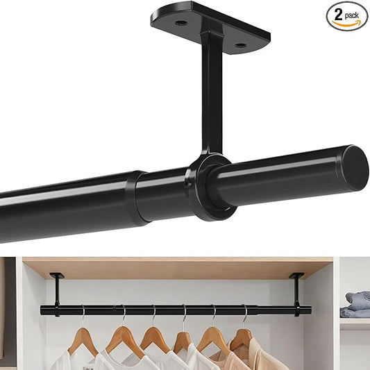 Closet Rods for Hanging Clothes Ceiling or Wall Mounted, 17–48 Inch Closet Rod Heavy-Duty Stepless Telescopic Clothes Hanging Rod for Closet Kitchen Laundry Room Living Room Balcony (Black)