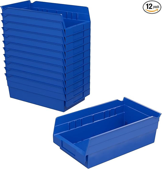 Akro-Mils 30130 Plastic Shelf Bins, Heavy Duty Storage Bins for Garage, Closet, and Drawer Organization, 12" x 6-1/2" x 4", Blue, 12-Pack