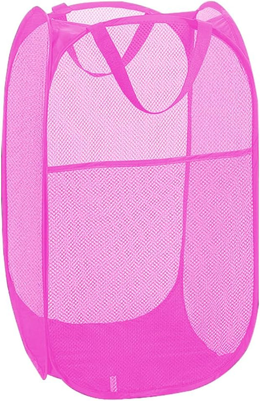 Larpur Popup Laundry Basket, Collapsible Portable Mesh Clothes Washing Laundry Hamper with Reinforced Carry Handles (Pink)