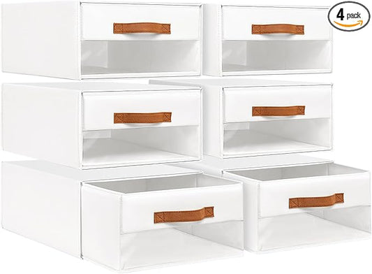 DIMJ Closet Organizers and Storage - Fabric Bins with Drawers for Closet Foldable Clothes Organizers with Clear Window, Stackable Storage Drawers Units for Bedroom, Living Room, 6-Pack, White
